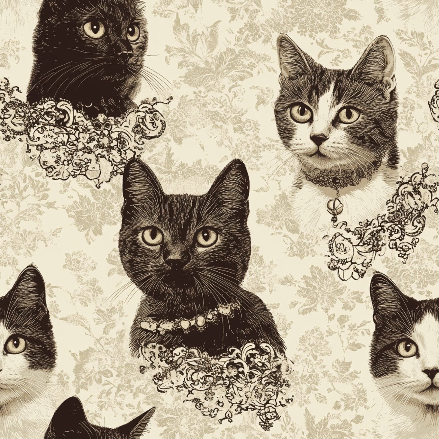 Vintage Cats With Lace Pattern 2 Quilting Cotton Fabric