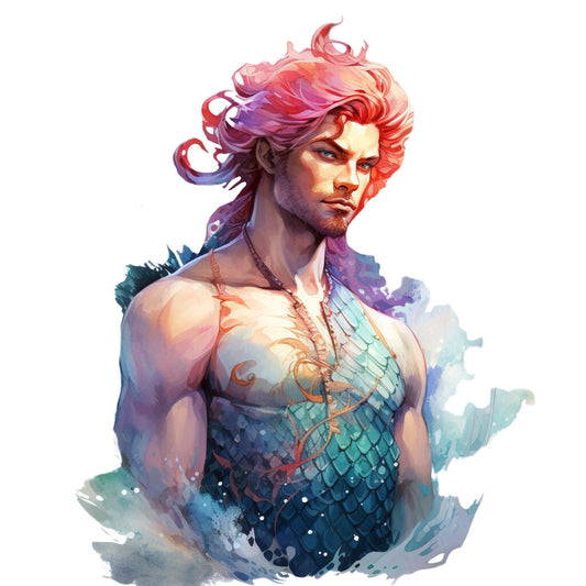 merman, fantasy character, flowing hair, coral pink, turquoise blue, teal scales, watercolor style, mythical creature, ocean themed, fabric panel, quilting cotton, masculine mermaid, red orange hair, aqua tones, fantasy art, sea creature, artistic illustration, vibrant colors, magical being, underwater fantasy