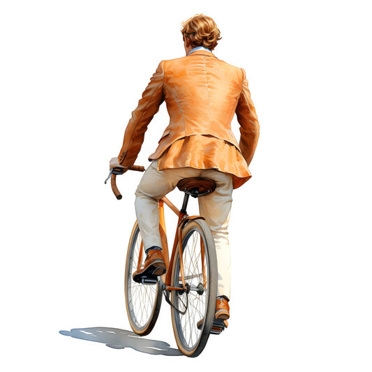 burnt orange, tan, cream, beige, bronze, copper, vintage, retro, 1970s, mid-century, elegant, sophisticated, bicycle, cyclist, fashion illustration, people, figure, woman, stylized, artistic, timeless, classic, nostalgic, transportation, lifestyle, art deco, polished, refined, upscale