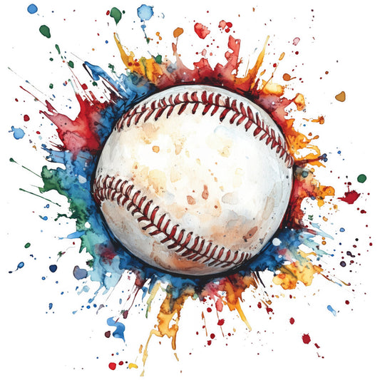 baseball, sports, watercolor, abstract, splatter, paint splash, red, blue, yellow, orange, green, cream white, modern, artistic, dynamic, energetic, colorful, stitching, athletic, recreation, hobby, whimsical, contemporary, home decor, wall art, vibrant, ink wash, impressionistic