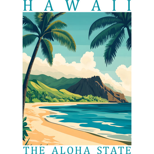 turquoise, teal, cream, golden yellow, emerald green, sandy beige, hawaii poster, palm trees, tropical beach, ocean waves, volcanic mountain, vintage travel art, retro illustration, paradise scene, fabric panel, quilting cotton, island landscape, aloha state, coastal scenery, tropical paradise