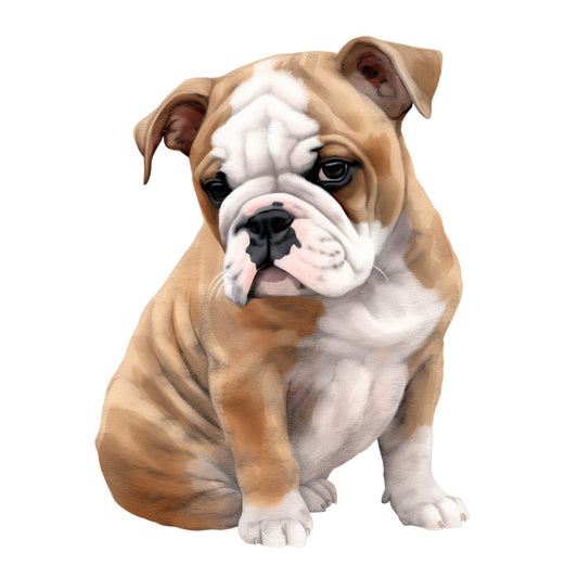 Watercolor Dogs Fabric Panel 21 featuring a detailed, realistic illustration of a sitting bulldog puppy on premium quilting cotton.