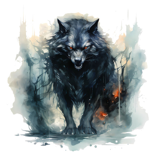 dark wolf, mystical wolf, gothic wolf, fantasy wolf, black charcoal, deep gray, rust orange, amber glow, watercolor style, abstract paint, fantasy art, supernatural, dark fantasy, magical creature, wolf portrait, fierce wolf, glowing eyes, red eyes, moody aesthetic, dramatic art, contemporary fantasy, dark theme, fantasy illustration, animal portrait, mythical beast, misty atmosphere, atmospheric, brooding, edgy style, dark elegance
