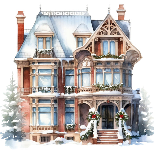 Watercolor Winter Houses Fabric Panel 27