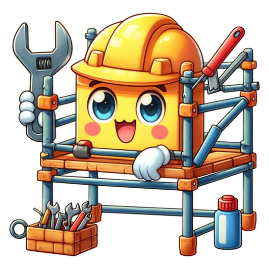 bright yellow, orange, construction theme, cute character, anthropomorphic, hard hat, tools, wrench, hammer, screwdriver, toolbox, whimsical, playful, children's, kids, cheerful, blue eyes, happy expression, building, worker, tradesman, industrial, skilled trades, cartoon style, novelty, educational, boy's fabric, primary colors, metal gray, white gloves