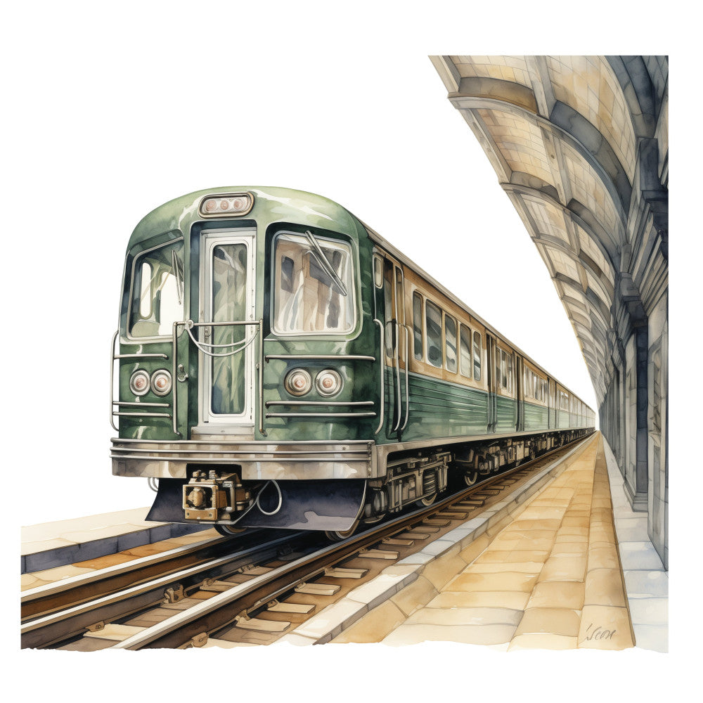 forest green, sage green, cream, tan, beige, gold, vintage, retro, transportation, trains, subway, urban, architecture, station, mid-century, nostalgic, classic, traditional, industrial, steampunk, commuter, railway, art deco, detailed illustration, realistic, panel print, home decor, wall art
