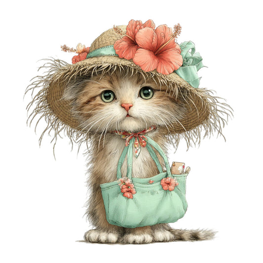 cat, cute cat, fluffy cat, straw hat, straw hat cat, hibiscus, coral pink, mint green, sage green, soft green, cream white, tan, beige, floral, animals, whimsical, vintage, garden theme, spring, summer, botanical, nature-inspired, sweet, adorable, decorative, illustration style, children's, baby, cottage core, romantic