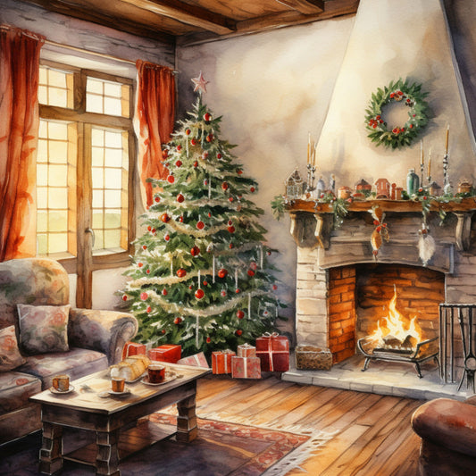 christmas tree, fireplace scene, holiday interior, warm orange, red curtains, green wreath, fabric panel, quilting cotton, cozy living room, wrapped presents, winter holiday, rustic beams, festive decorations, golden yellow, cream walls, seasonal panel, christmas ornaments, hearth fire, holiday fabric, watercolor style