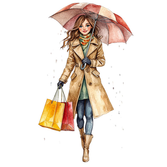 woman illustration, fashion girl, shopping bags, umbrella, rainy day, beige trench coat, tan coat, cream, gold, red, navy blue, teal green, autumn fashion, fall style, vintage fashion, retro style, whimsical illustration, elegant woman, stylized portrait, fashion design, contemporary illustration, shopping theme, lifestyle, preppy style, classic style, feminine illustration, watercolor illustration, fashion art, girl with umbrella, rainy season