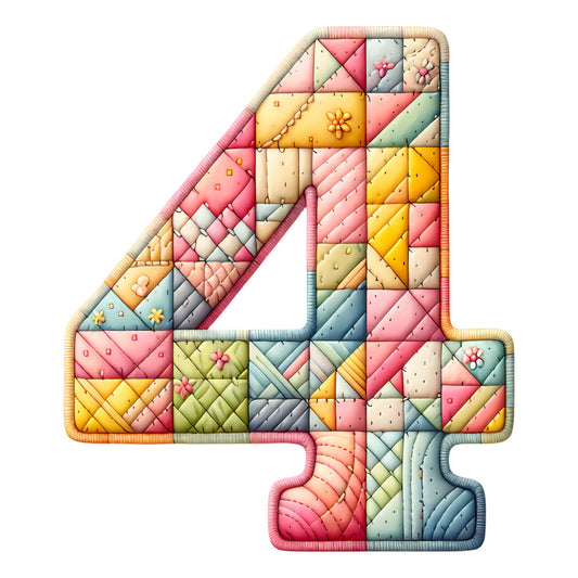 number 4, quilted, patchwork, pastel pink, soft yellow, cream, sage green, dusty blue, coral, geometric, diagonal stripes, triangles, squares, flowers, dots, whimsical, playful, colorful, multi-color, children's, nursery, baby, appliqué, spring, summer, modern, cheerful, bright, rainbow
