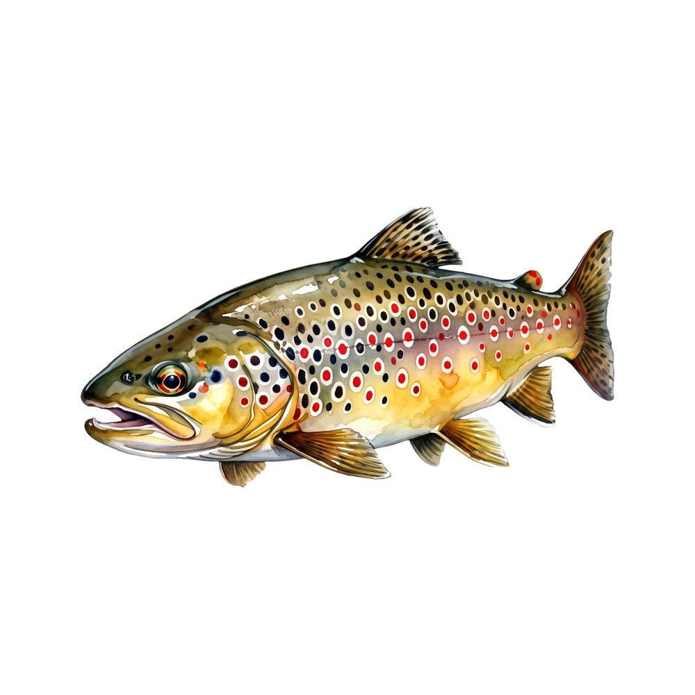trout, fish, salmon, wildlife, nature, fishing, sport fish, golden yellow, cream, olive green, black, red spots, speckled, spotted pattern, animal motif, realistic, detailed, outdoor, lodge, rustic, cabin, country, masculine, sportsman, fly fishing, freshwater fish, naturalistic illustration, dimensional shading, elegant wildlife, traditional