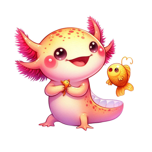 cute axolotl, cartoon style, pink gills, yellow body, orange fish, kawaii character, pastel colors, coral pink, golden yellow, adorable amphibian, whimsical design, children's fabric, nursery panel, quilting cotton, craft panel, happy expression, underwater theme, sea creature, soft pastels, playful illustration