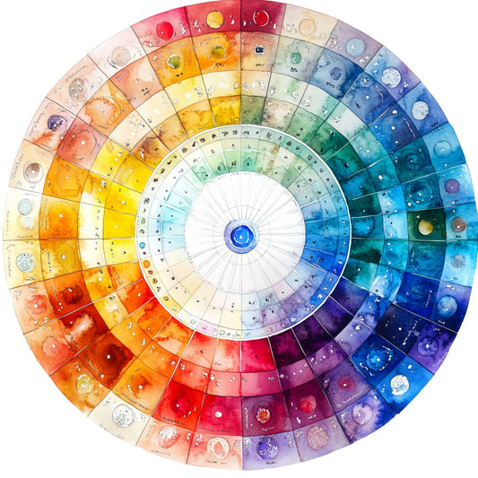 watercolor, color wheel, circular design, rainbow spectrum, red, orange, yellow, green, blue, purple, pink, fabric panel, art supplies, paint palette, celestial motifs, geometric sections, quilting cotton, artistic pattern, vibrant colors, crafting theme, studio art, concentric circles, painting tools