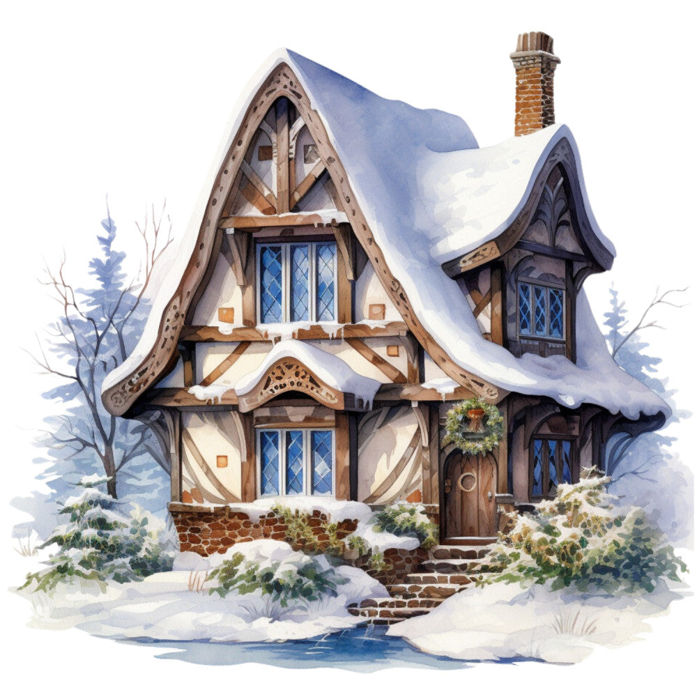 Watercolor Winter Houses Fabric Panel 40