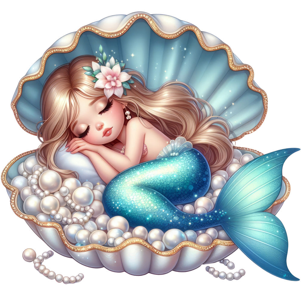 mermaid, sleeping, seashell, pearls, turquoise, blue, blonde hair, flower crown, fabric panel, quilting cotton, ocean theme, underwater scene, fantasy, whimsical, nautical, sea creature, iridescent tail, pink flowers, aqua, sparkles, magical