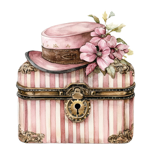 dusty rose, blush pink, cream, antique gold, vintage steampunk, striped, floral, top hat, flowers, botanical, elegant, whimsical, romantic, steampunk, victorian, treasure chest, trunk, gears, ornate, spring, feminine, cottage core, classic, decorative, hat motif, pink flowers, vintage fashion