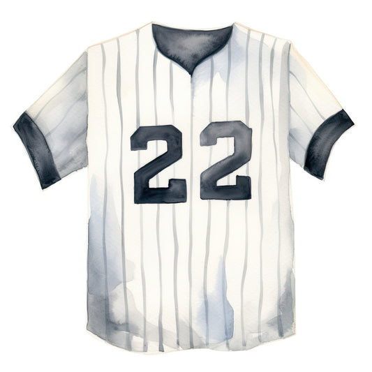 baseball jersey, sports, pinstripe, cream, ivory, charcoal gray, dark gray, navy, striped pattern, vertical stripes, athletic wear, baseball theme, vintage sports, retro baseball, number 22, sporty, classic, traditional, americana, nostalgic, unisex, casual style, graphic design, illustration, watercolor, apparel theme, uniform style, gaming, collectible
