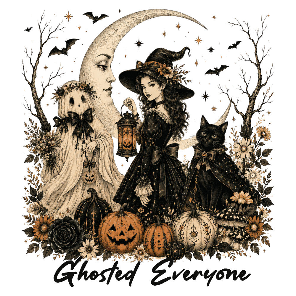 halloween, spooky, ghost, witch, moon, celestial, stars, pumpkin, jack-o-lantern, black cat, bats, autumn, fall, vintage, gothic, whimsical, elegant, cream, black, gold, tan, bronze, floral, botanical, roses, sunflowers, leaves, lantern, magical, mysterious