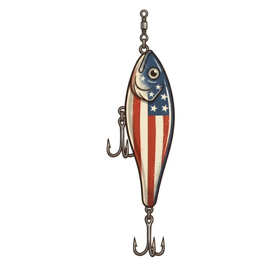 patriotic, american flag, fishing lure, vintage americana, nautical, red white blue, navy blue, cream, stars, moon, celestial, fishing theme, americana, retro, vintage style, whimsical, novelty, themed motif, patriotic colors, independence day, memorial day, fourth of july, summer, rustic americana, vintage fishing, decorative, novelty print, americana decor, patriotic themed