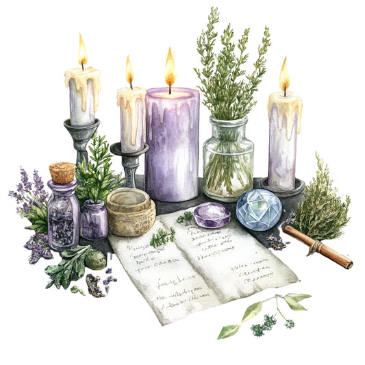 watercolor, witch, witchcraft, purple candles, lavender, herbs, crystals, gemstones, spell book, potion bottles, candlesticks, flames, botanical, mystic, occult, fabric panel, quilting cotton, spiritual, magical, amethyst, sage green, cream white, glass bottles, parchment