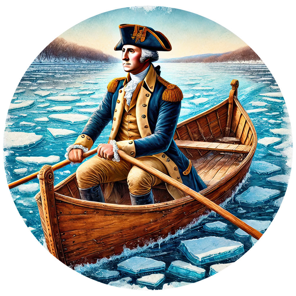 navy blue, gold, turquoise, ice blue, colonial uniform, tricorn hat, rowing boat, wooden oar, ice floes, winter water, historical figure, military officer, circular panel, fabric panel, quilting cotton, patriotic theme, revolutionary war, maritime scene, detailed illustration, vintage style