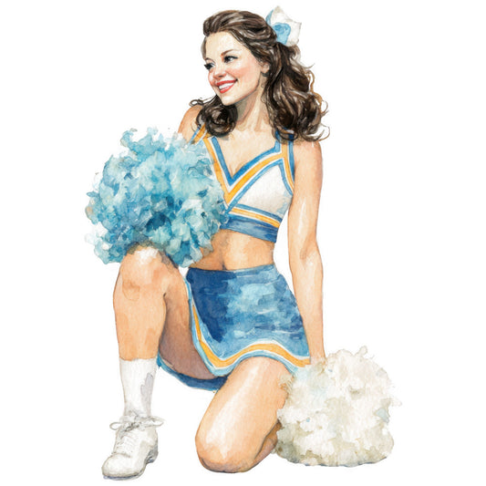 cheerleader, vintage pin-up, retro 1940s, 1950s style, blue and gold, white socks, pom-poms, sports theme, nostalgic, americana, classic beauty, mid-century, girl portrait, fashion illustration, blue and yellow, white accents, athletic wear, retro fashion, vintage illustration, kitschy, campy, novelty print, character fabric, figurative, glamour, vintage cheerleading, pop art, collectible print, nostalgia theme