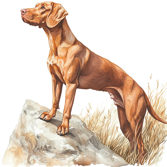 hunting dog, vizsla, pointer, brown dog, tan dog, rust brown, cream, beige, tan, earthy tones, animal portrait, dog breed, sporting dog, wildlife, nature themed, realistic illustration, watercolor style, dog lover, hunter, outdoor themed, rustic, traditional, elegant, dog panel, pet portrait, countryside, field dog, game bird hunting, detailed illustration