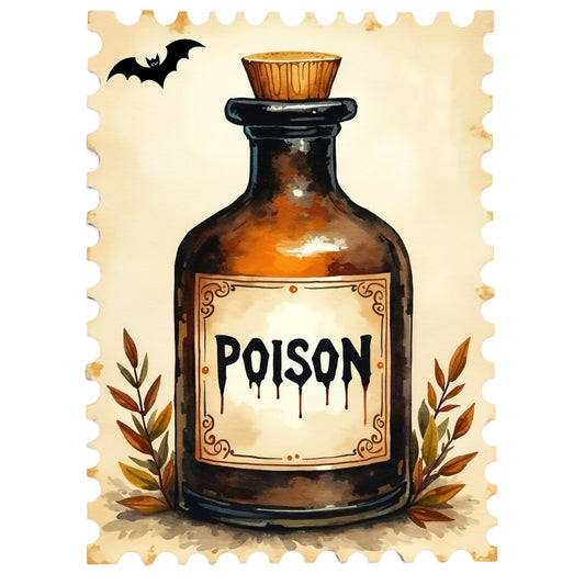 Halloween Postage Stamps Fabric Panel 6 featuring vintage poison bottle with cork stopper and flying bat design in autumn tones.