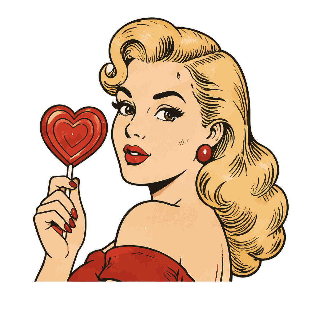 vintage, retro, 1950s, pin-up, glamour, heart, red, cream, gold, blonde hair, woman, portrait, classic hollywood, mid-century, romantic, love, sweetheart, elegant, nostalgic, feminine, beauty, lollipop, heart-shaped, red lipstick, red earrings, fashion illustration, pop art, timeless, charming, decorative