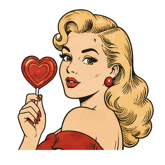 vintage, retro, 1950s, pin-up, glamour, heart, red, cream, gold, blonde hair, woman, portrait, classic hollywood, mid-century, romantic, love, sweetheart, elegant, nostalgic, feminine, beauty, lollipop, heart-shaped, red lipstick, red earrings, fashion illustration, pop art, timeless, charming, decorative