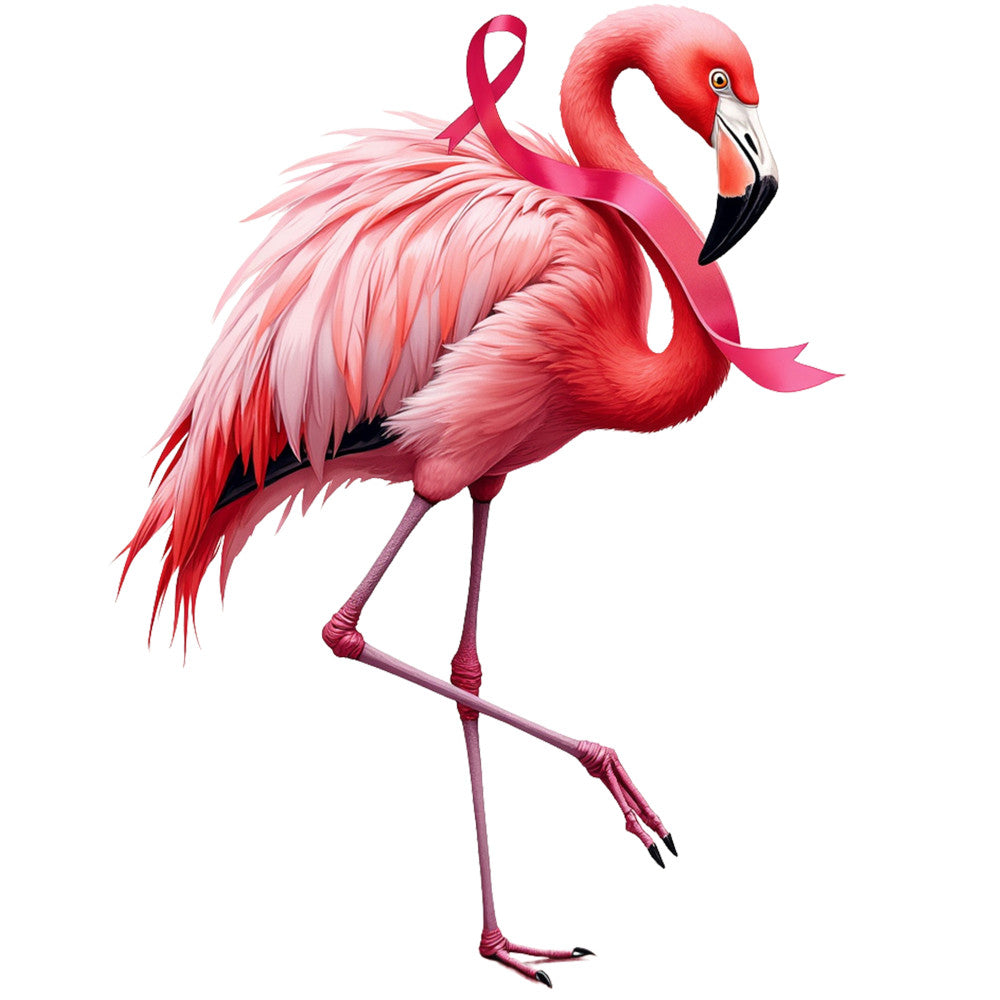 pink flamingo, coral pink, magenta, rose pink, breast cancer ribbon, awareness ribbon, tropical bird, elegant flamingo, fabric panel, quilting cotton, medical awareness, charity theme, graceful pose, feathered wings, curved neck, standing bird, health support, pink tones, decorative panel, craft fabric