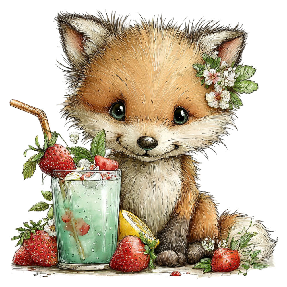 cute fox, woodland animals, strawberry, mint green, cream white, tan brown, floral, nature, whimsical, spring, summer, baby, children, animal illustration, rustic, garden, berries, flowers, sweet, playful, light green, coral pink, white flowers, detailed, storybook, nursery, decorative panel, woodland creatures, daisy flowers