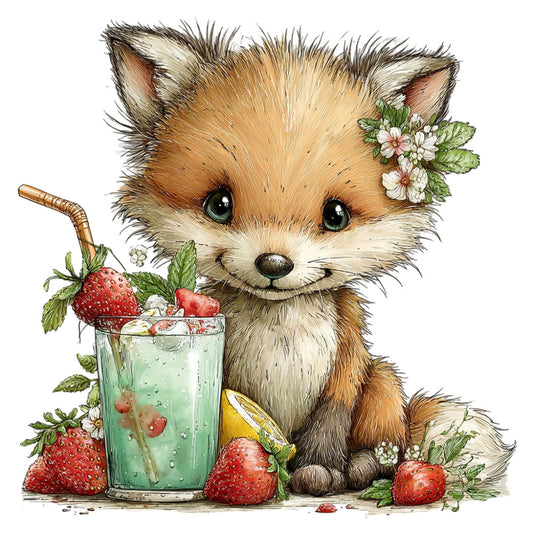 cute fox, woodland animals, strawberry, mint green, cream white, tan brown, floral, nature, whimsical, spring, summer, baby, children, animal illustration, rustic, garden, berries, flowers, sweet, playful, light green, coral pink, white flowers, detailed, storybook, nursery, decorative panel, woodland creatures, daisy flowers