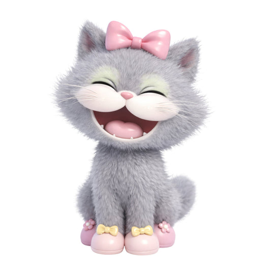 gray cat, pink bow, cute animals, whimsical, soft gray, pale pink, children's, baby, playful, feminine, cheerful, happy expression, kitten, smiling cat, pastel colors, light gray, blush pink, cream accents, kawaii style, nursery, girl's theme, sweet, adorable, decorative panel, appliqué style, character print, soft colors, innocent, joyful