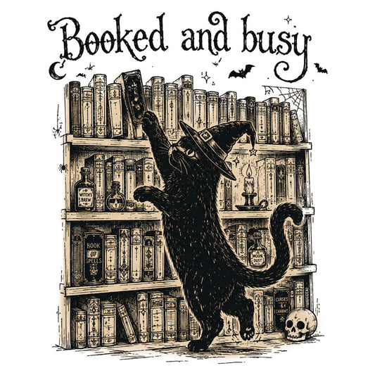 booked and busy, black cat, witch hat, vintage books, halloween, spooky, gothic, autumn, celestial, stars, moons, bats, skull, potion bottles, candles, spiderwebs, cream and black, beige and black, witchy, magical, whimsical, dark academia, literary, book lover, haunted, october, fall, vintage aesthetic, ink black, ecru