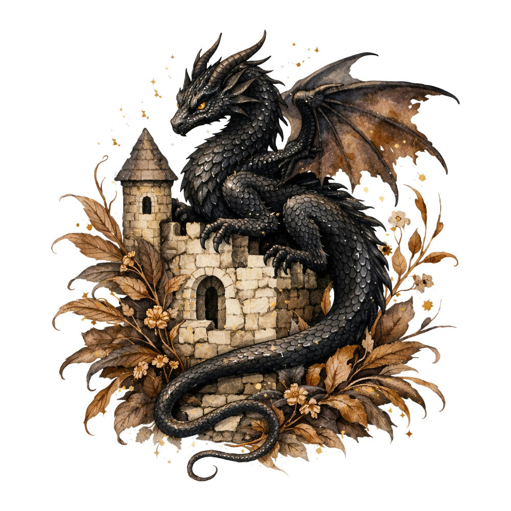 dragon, fantasy, medieval, castle, tower, black, charcoal, bronze, gold, tan, cream, autumn, fall, nature, magical, whimsical, elegant, dark fantasy, gothic, mystical, ornamental, decorative, floral border, leaves, flowers, wings, scales, armor, storybook, enchanted