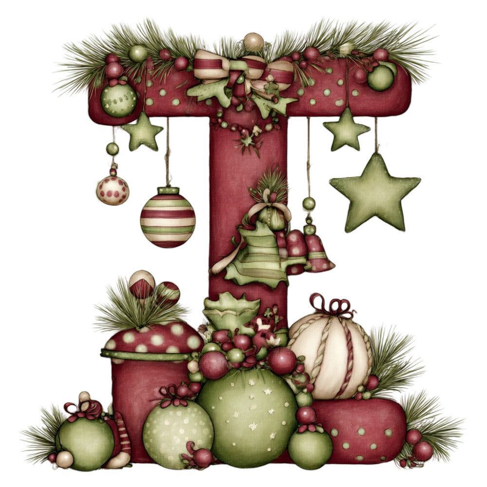 burgundy, sage green, cream, christmas, holiday, ornaments, bells, stars, baubles, striped, polka dot, whimsical, vintage, traditional, festive, winter, evergreen, pine branches, decorative, elegant, seasonal, gift giving, hand drawn, illustrated, dusty rose, gold accents, nostalgic, cherub angel, ribbon bows, wall hanging