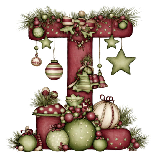 burgundy, sage green, cream, christmas, holiday, ornaments, bells, stars, baubles, striped, polka dot, whimsical, vintage, traditional, festive, winter, evergreen, pine branches, decorative, elegant, seasonal, gift giving, hand drawn, illustrated, dusty rose, gold accents, nostalgic, cherub angel, ribbon bows, wall hanging