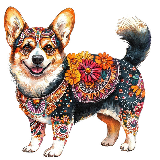 corgi, dog, animal, floral, daisies, mandala, bohemian, whimsical, colorful, orange, rust, gold, navy blue, coral pink, magenta, teal, decorative, ornamental, boho, folk art, ethnic, illustrated, cheerful, happy, playful, embellished, patterned, festive, artistic