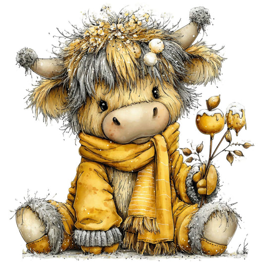golden yellow, warm gold, cream, gray, charcoal, soft brown, tan, highland cow, whimsical animals, cute creatures, farmhouse style, rustic charm, nature inspired, autumn aesthetic, cozy vibes, adorable cow character, yarn flowers, textured details, hand drawn illustration, storybook style, gentle character design, country living, pastoral theme, decorative elements, warm tones, seasonal decor, fall colors, innocent and sweet, vintage illustration style, children's illustration