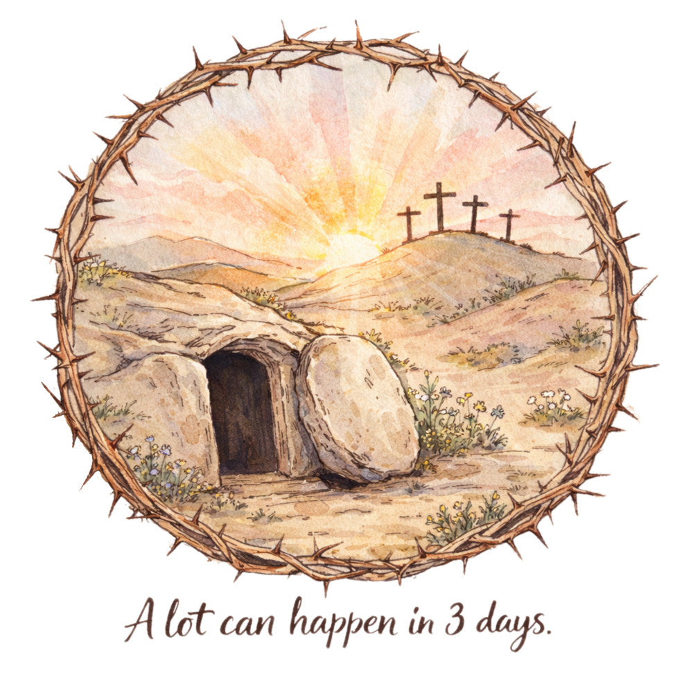 religious, easter, resurrection, cross, tomb, empty tomb, spiritual, faith, hope, inspirational, sunrise, dawn, landscape, rolling hills, wildflowers, crown of thorns, tan, beige, cream, gold, soft yellow, peach, rust brown, earth tones, watercolor, illustrative, whimsical, peaceful, contemplative, religious art
