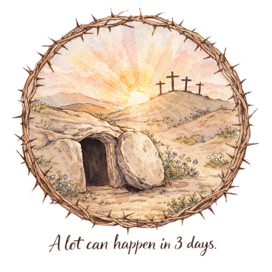 religious, easter, resurrection, cross, tomb, empty tomb, spiritual, faith, hope, inspirational, sunrise, dawn, landscape, rolling hills, wildflowers, crown of thorns, tan, beige, cream, gold, soft yellow, peach, rust brown, earth tones, watercolor, illustrative, whimsical, peaceful, contemplative, religious art