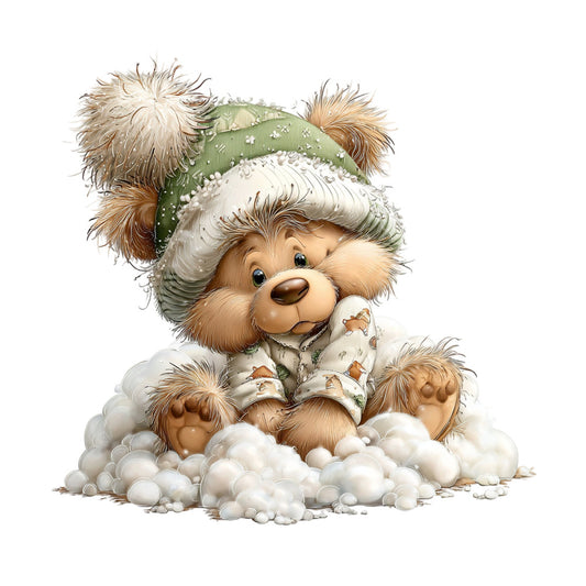 teddy bear, winter, christmas, snow, cute animals, children's, baby, nursery, whimsical, holiday, green hat, white fur, cream, tan, brown, sage green, cozy, festive, seasonal, woodland, playful, illustration, storybook, vintage style, soft, gentle, decorative panel, wall hanging, baby quilt, character design