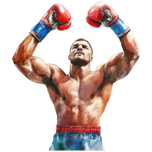 boxer, boxing, sports, athletic, muscular man, victory, champion, triumphant, red boxing gloves, blue shorts, red waistband, watercolor, illustration, portrait, strength, power, fitness, gym, fighting, competitive sports, motivational, inspirational, male figure, human subject, active wear, sports themed, contemporary, realistic, bold colors, red and blue