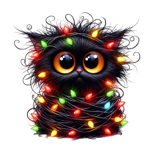 black cat, glowing eyes, golden yellow eyes, christmas lights, holiday festive, red lights, green lights, orange lights, blue lights, whimsical, cute animal, fluffy fur, dark colors, black and red, winter holiday, christmas decoration, festive themed, magical, enchanted, playful, charming, ornamental lights, string lights, seasonal, christmas fabric, novelty print, character design, dark whimsical, illuminated, glowing