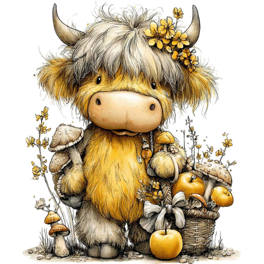 highland cow, whimsical animals, cream, gold, golden yellow, tan, brown, autumn harvest, mushrooms, apples, flowers, yellow flowers, nature, farmhouse, woodland, rustic, charming, cottage core, illustration, storybook, children's, adorable, sweet, pastoral, fall, harvest time, forest floor, botanical, cute animals, decorative panel