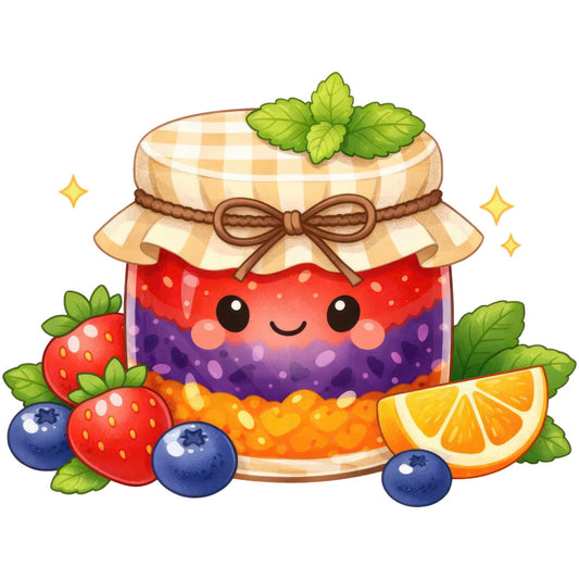 jam jar, cute, whimsical, colorful, strawberry, blueberry, orange, fruit, preserves, food, rainbow layers, purple, red, yellow, mint green, brown, gingham check, plaid, stars, sparkles, playful, cheerful, sweet, dessert, kitchen, summer, spring, cottage core, rustic charm, decorative panel