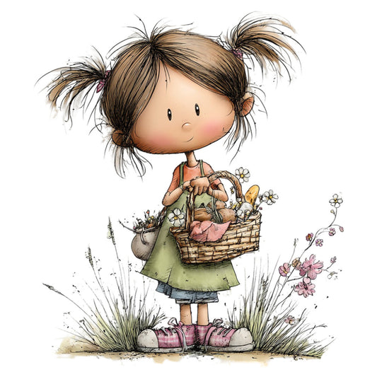 little girl, pigtails, whimsical, children's illustration, spring, flowers, daisy, wildflowers, nature, pastoral, garden, cute, sweet, charming, storybook, vintage children's, soft colors, sage green, coral pink, dusty rose, pink plaid, boots, basket, nursery, baby quilt, wall hanging, children's clothing, illustration style, folk art, innocent