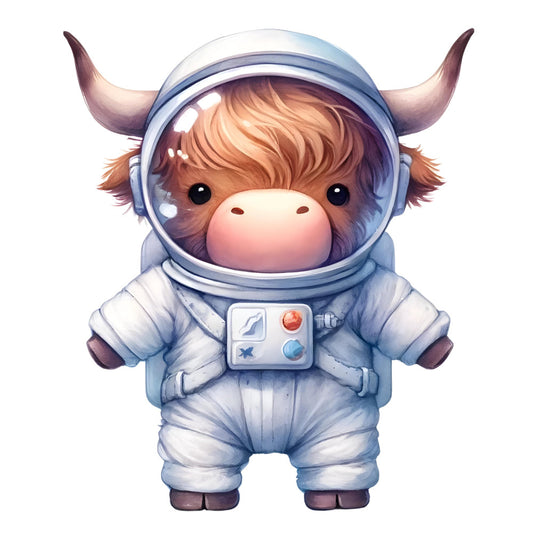 astronaut cow, cute animals, space theme, whimsical, adorable, brown and white, light blue, cream, pastel colors, cow character, cosmic, space exploration, children's fabric, baby quilt, nursery, playful, illustrated animals, cartoon style, animal motif, celestial theme, space suit, helmet, kid-friendly, gender-neutral, novelty print, space adventure, friendly character, soft colors, charming