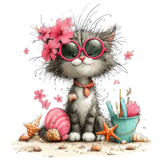 cat, whimsical, pink flowers, coral pink, hot pink, sage green, charcoal gray, funky sunglasses, beach theme, nautical, starfish, seashells, art supplies, paintbrushes, creative, playful, quirky, fun, children's, kids, animal print, flower motifs, spring, summer, artistic, bohemian, colorful, illustration style, cute cat, fashionable